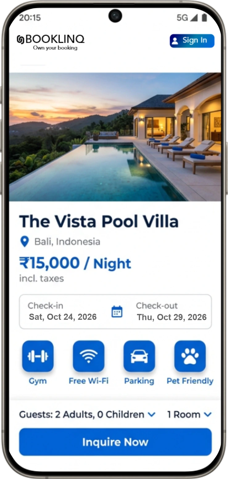 The Vista Pool Villa booking page on Booklinq — photos, price and an Inquire Now button