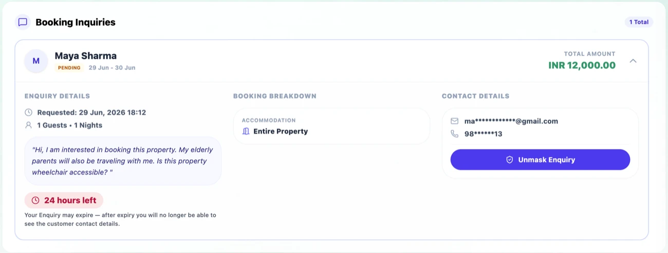 A masked booking inquiry in the Booklinq dashboard — guest name and phone hidden, INR 12,000 value, with an Unmask Enquiry button and a 24-hour timer